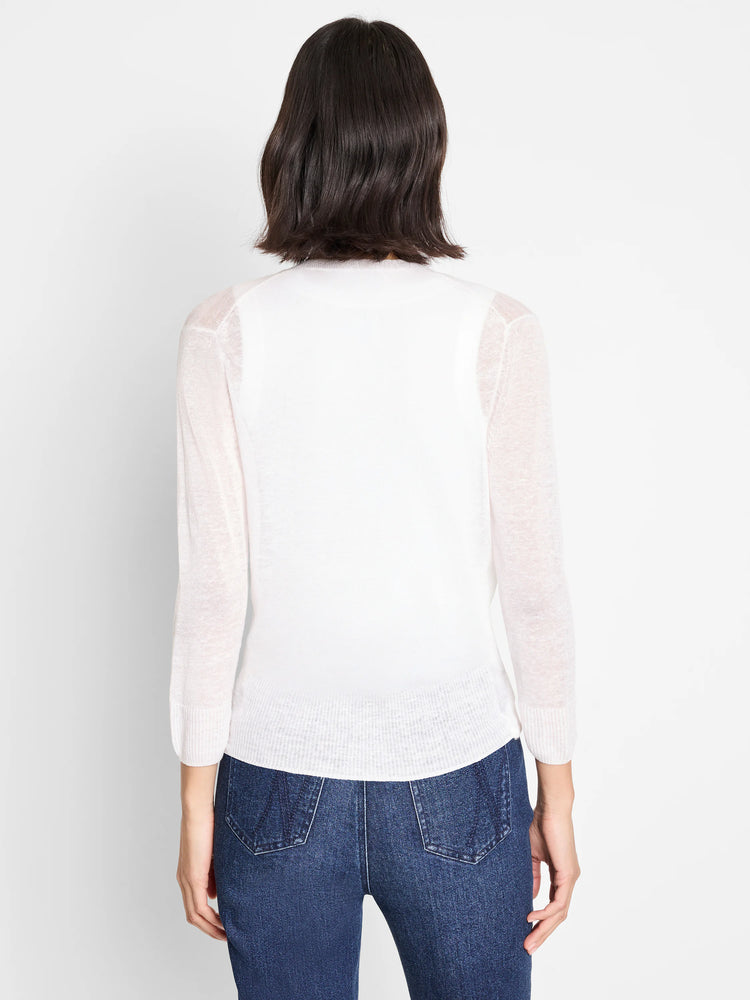 White sheer knit cardigan with ribbed cuffs and hem, viewed from the back.
