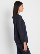 The model wears a loose, navy blue open-front cardigan featuring a sheer knit texture and three-quarter sleeves.