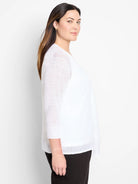 Sheer white open cardigan with 3/4 sleeves & ribbed cuffs, worn by a model.