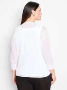 White, sheer, 3/4-sleeve cardigan with ribbed cuffs and hem, viewed from the back.