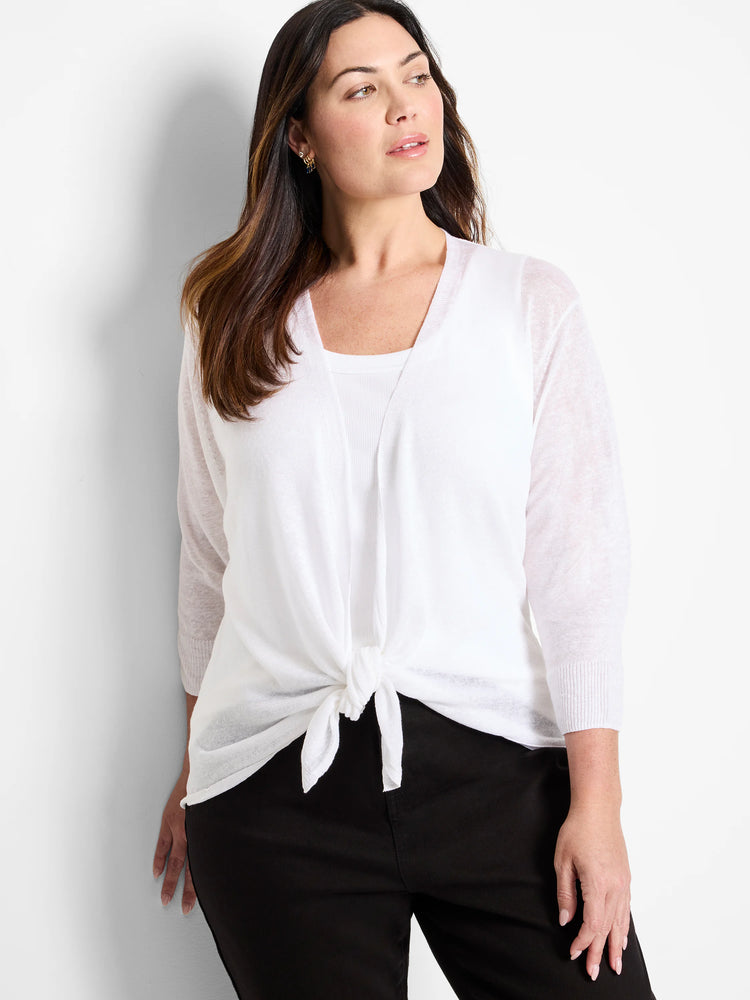 White sheer open cardigan with 3/4 ribbed sleeves, front tied at waist.