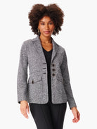 Grey marl knit blazer with lapels, 8 black buttons (3 on each front panel, 1 on each of 2 flap pockets).