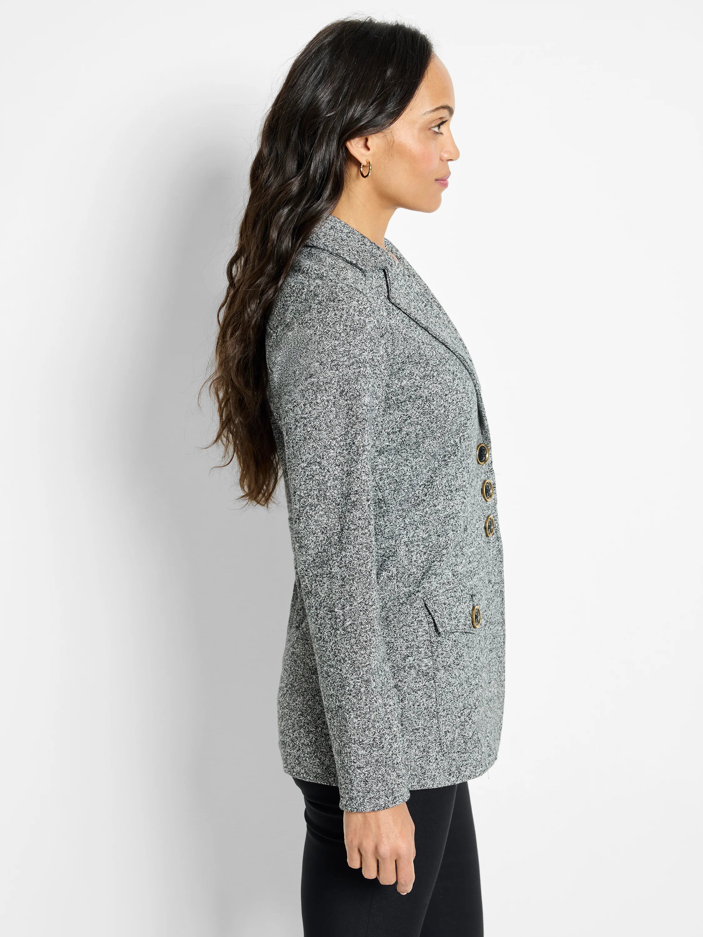 Marled grey knit blazer with notched lapels, three gold buttons on the front, and two flap pockets.