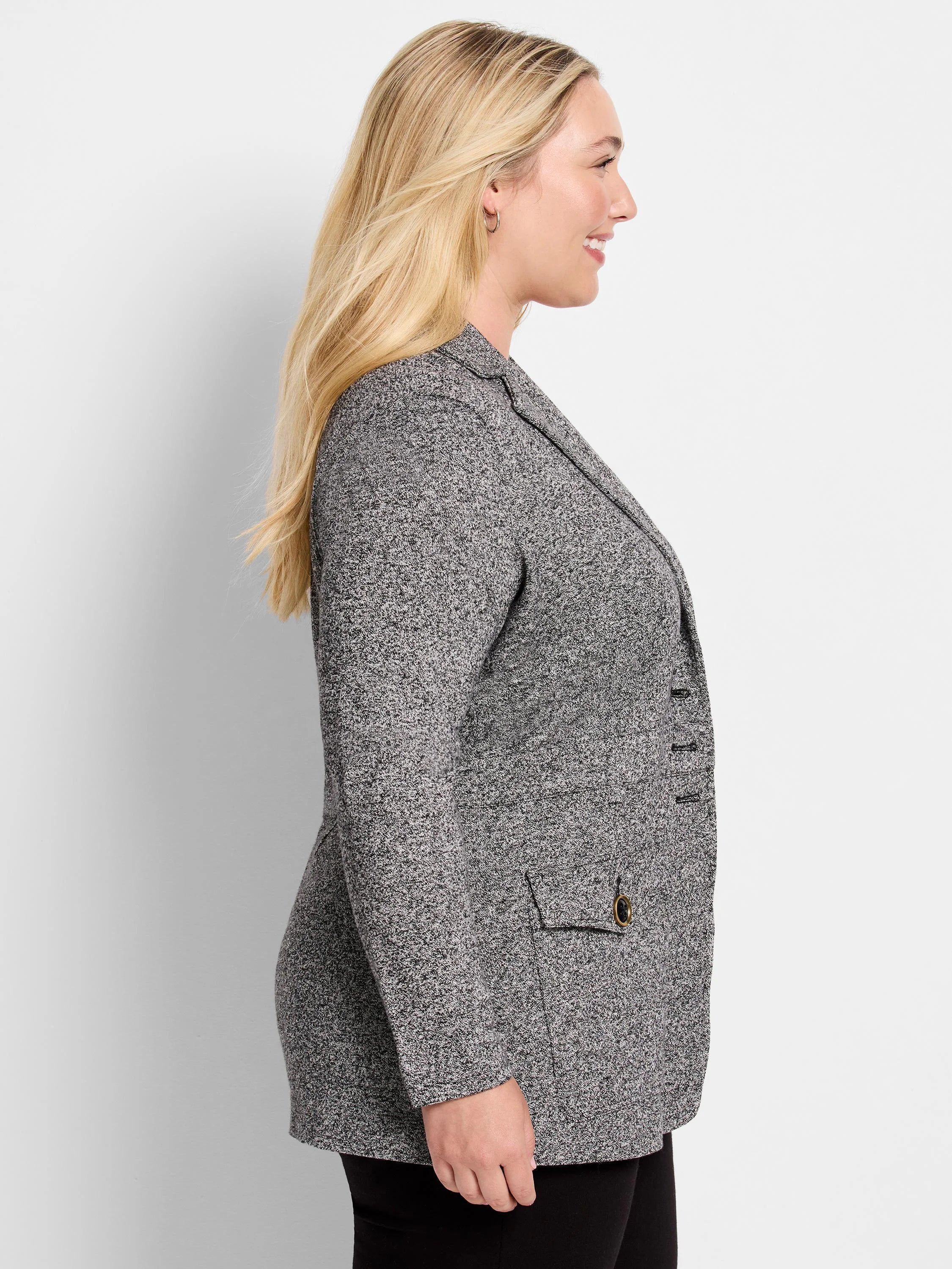 Grey marl knit blazer with lapels, three buttons, and a flap pocket featuring a brass button.