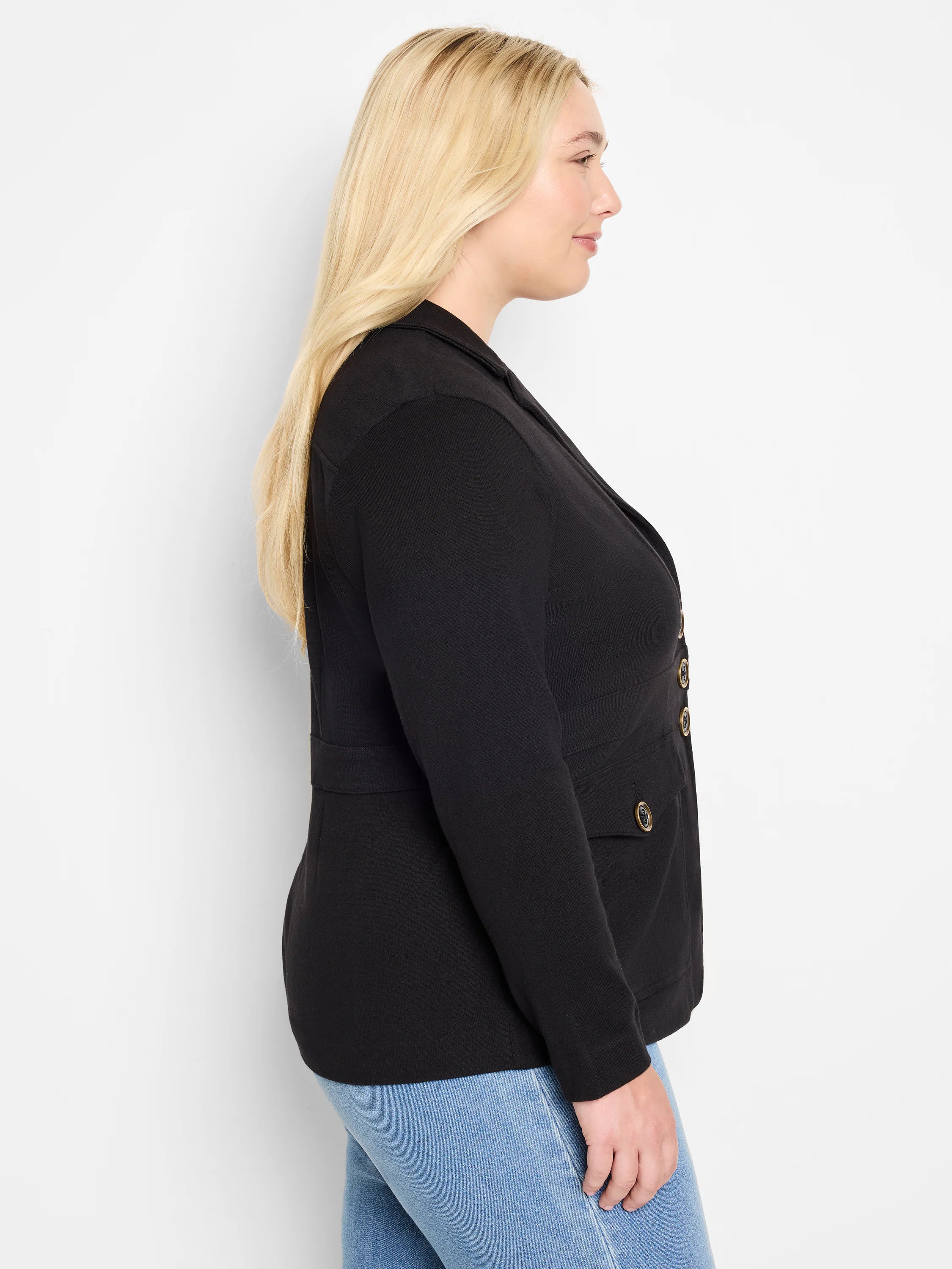 Black knit blazer with gold-toned double-breasted buttons.