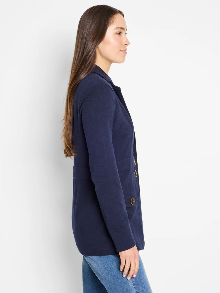 Navy blue knit blazer with a collar, three gold buttons, and two buttoned front flap pockets.