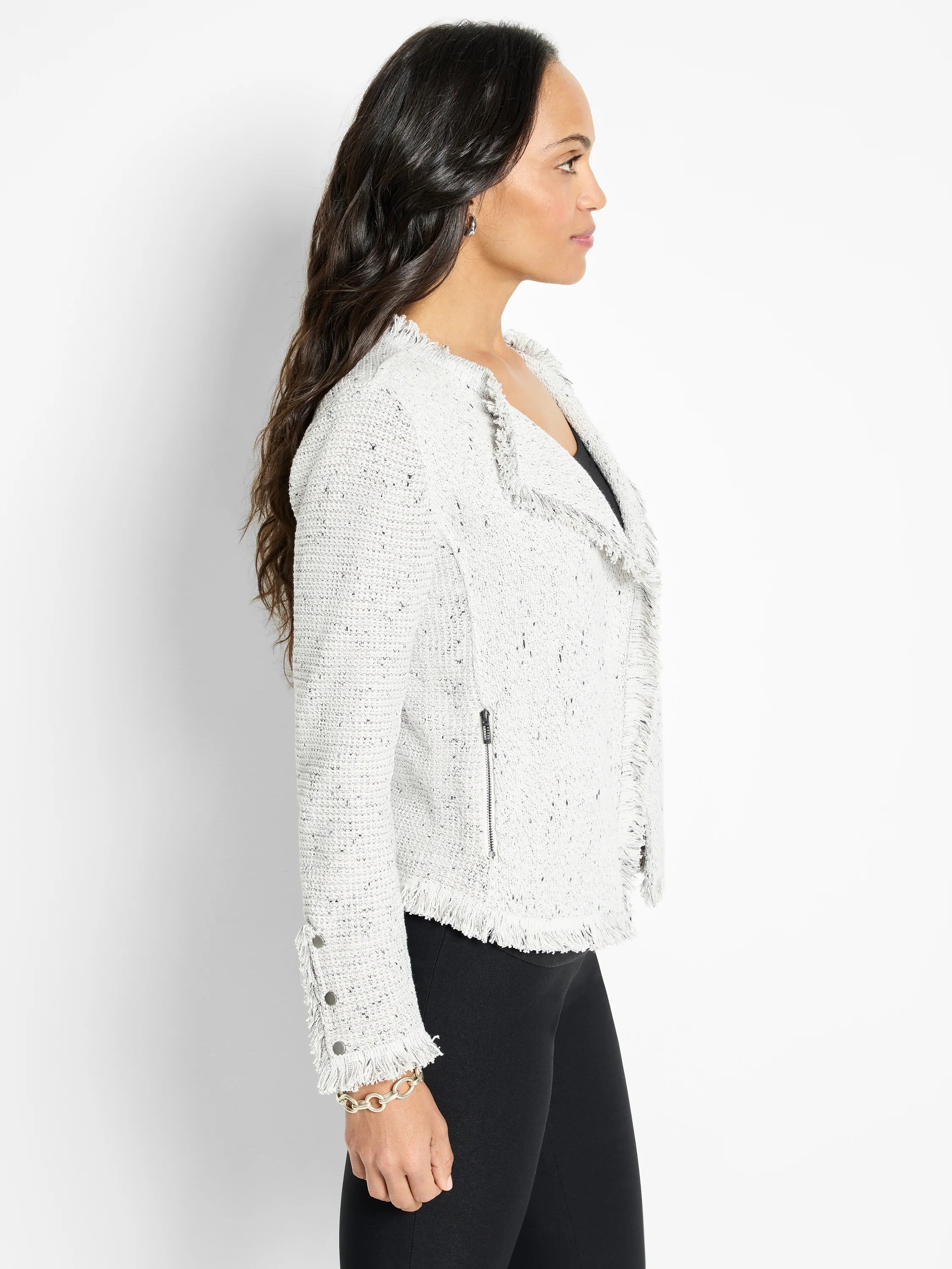 Off-white mix knit jacket with black flecks, fringe trim, silver side zipper, and cuff buttons.
