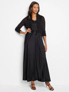 Black bolero cardigan with an open front and 3/4 length sleeves, ribbed details on the cuffs and collar.