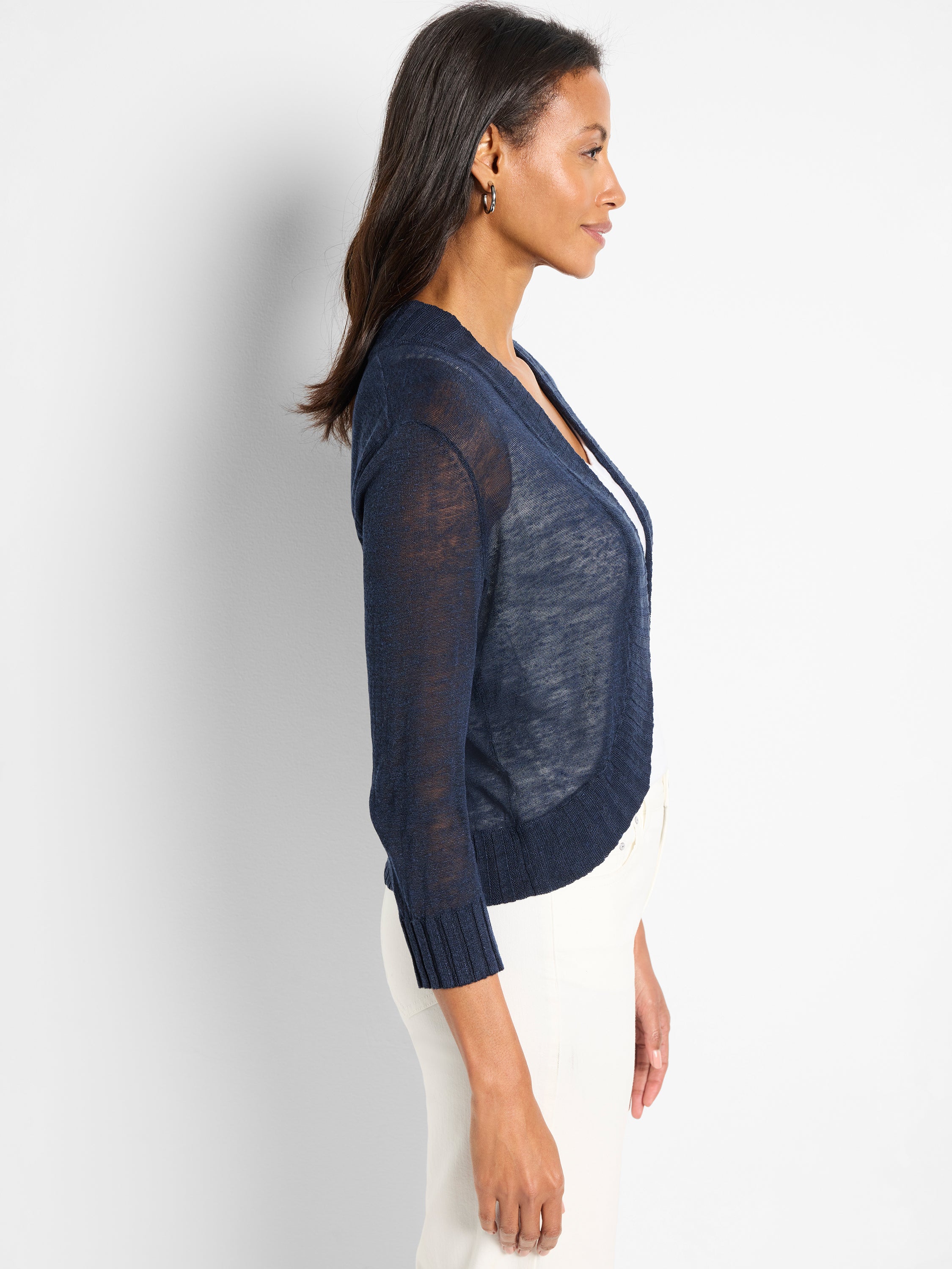 Lightweight sheer navy blue open cardigan featuring 3/4 sleeves and a fitted ribbed hem.