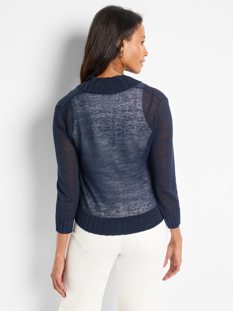A sheer navy knit cropped sweater with three quarter sleeves and a mock neck is modeled.
