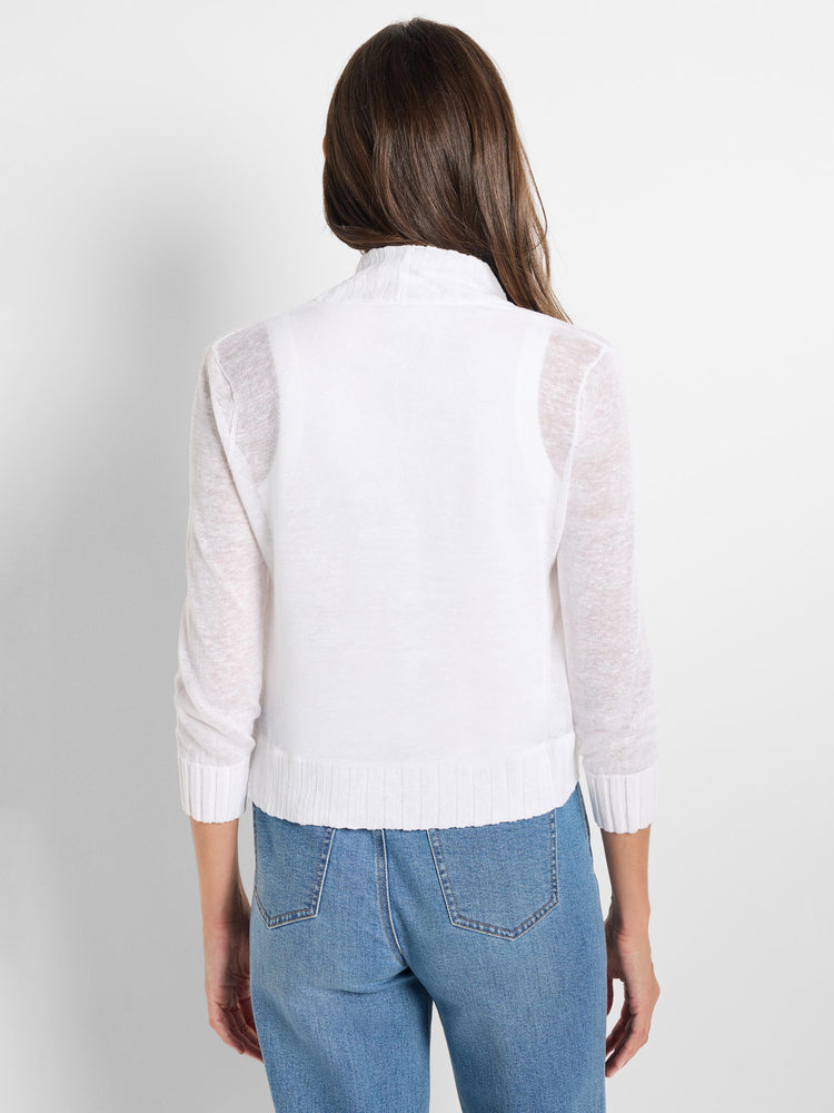 Cropped white sheer knit shrug with 3/4 sleeves, featuring a mock neckline and wide ribbed hem, styled from the back.