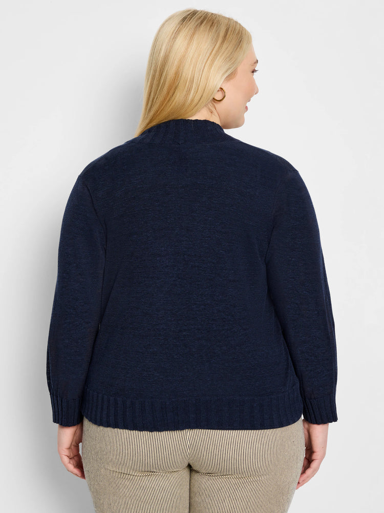 Deep navy blue textured knit bolero cardigan, mock neck, ribbed cuffs and hem, back view on model.