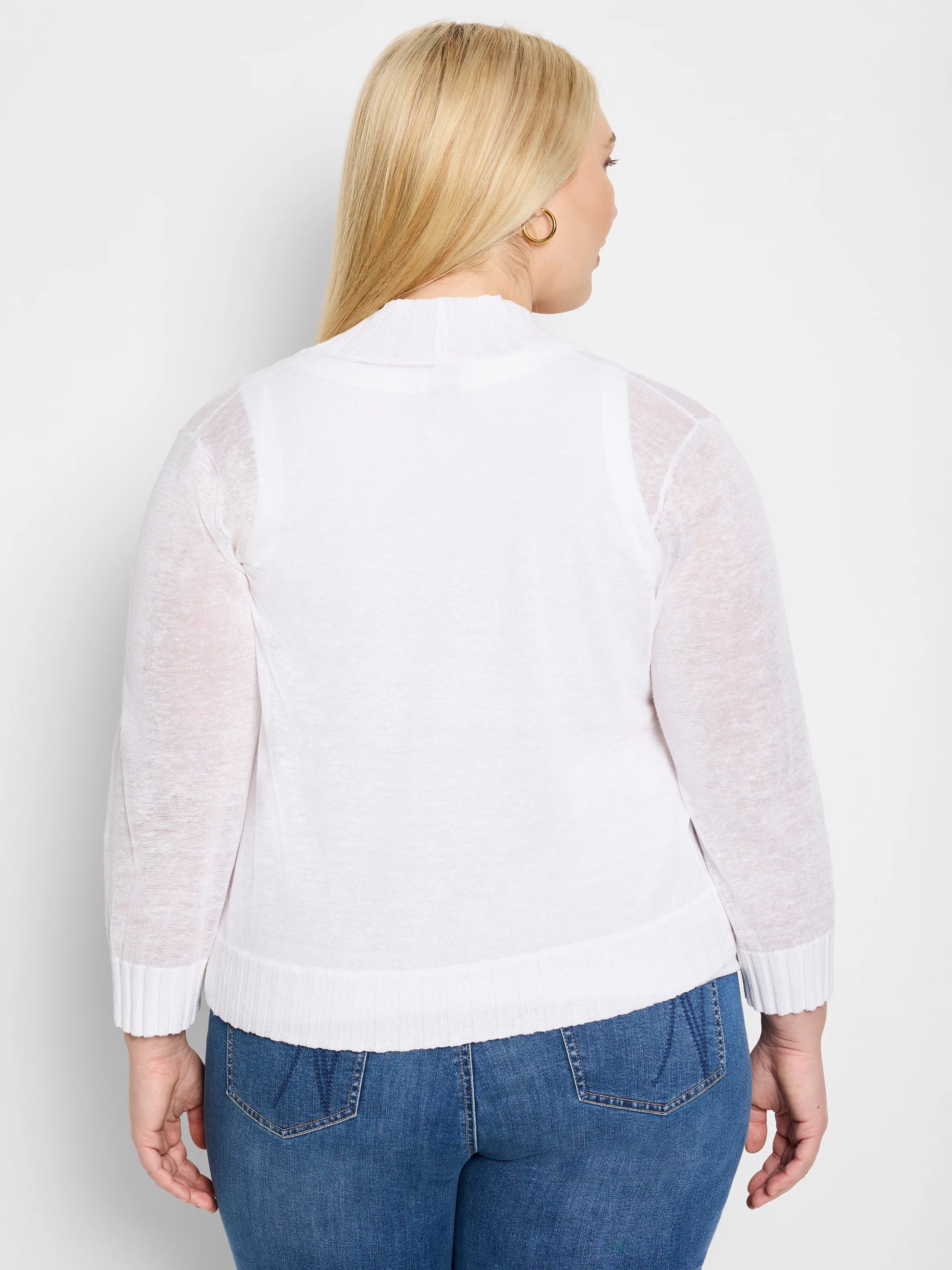 White sheer bolero cardigan, long sleeves, ribbed cuffs & hem. Back view on model.