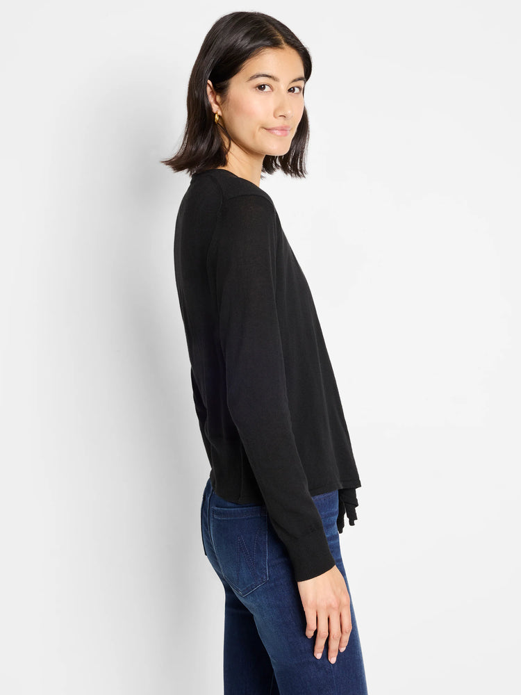 Black long-sleeve cardigan with a fine knit texture and draped, open front.