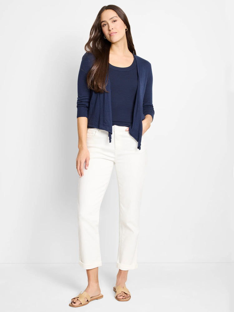 Navy blue open-front cardigan with a draped front and 3/4 ribbed sleeves. Paired with a matching navy top.