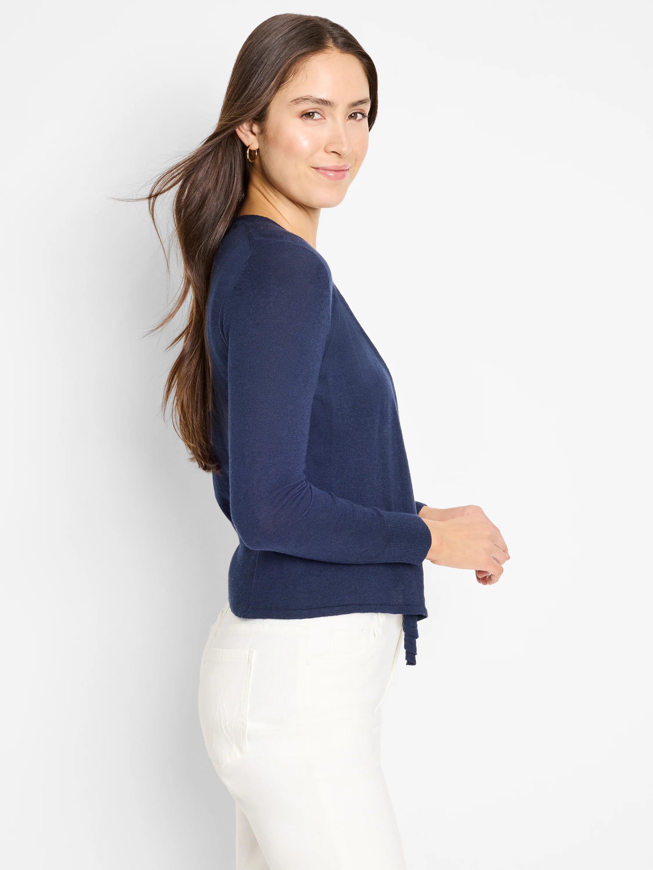 Navy blue lightweight cardigan with an open front, V-neck, long sleeves, and tie details at the hem.