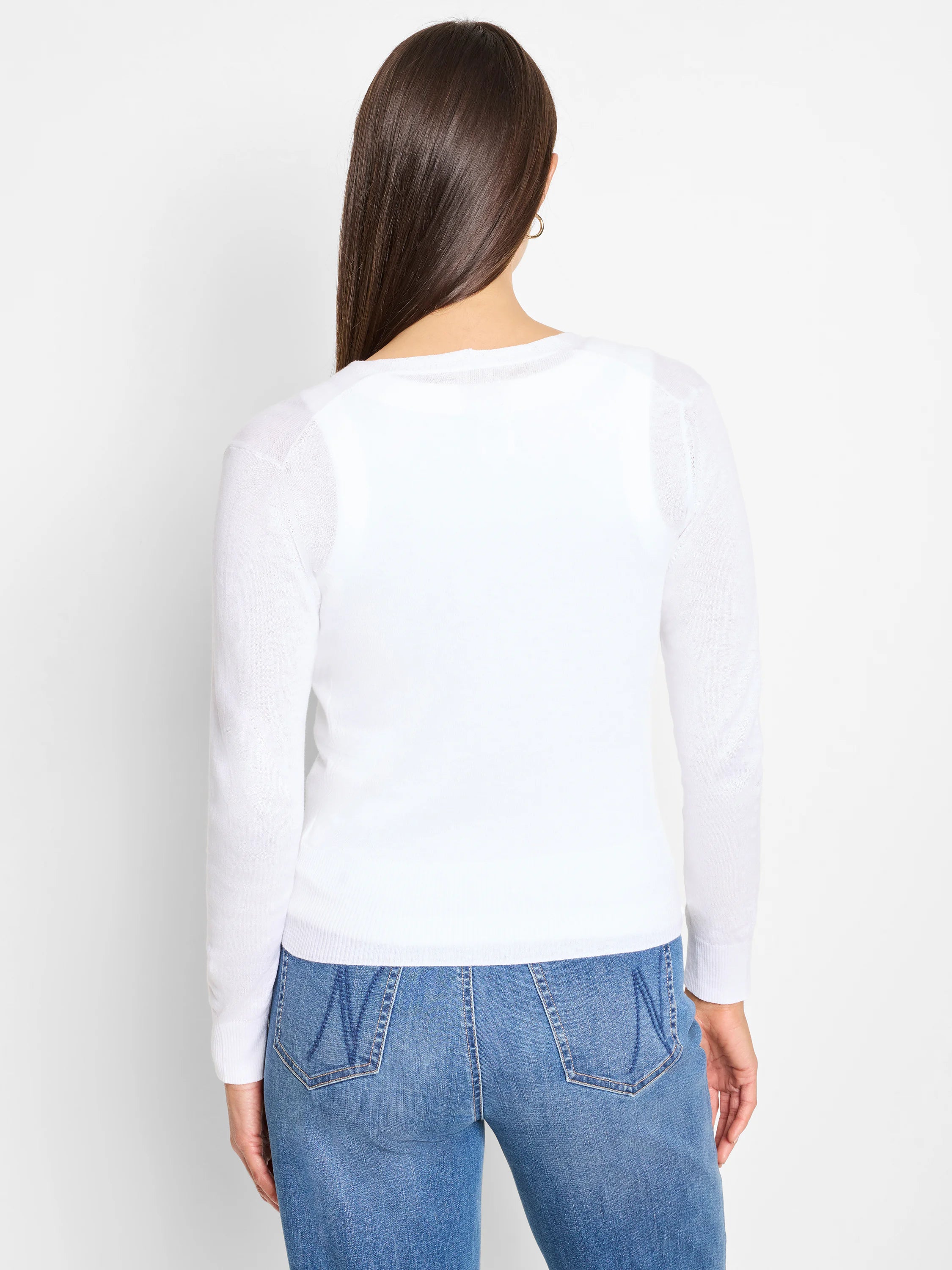 White fine-knit long-sleeve top with ribbed cuffs and hem, shown from back on model.