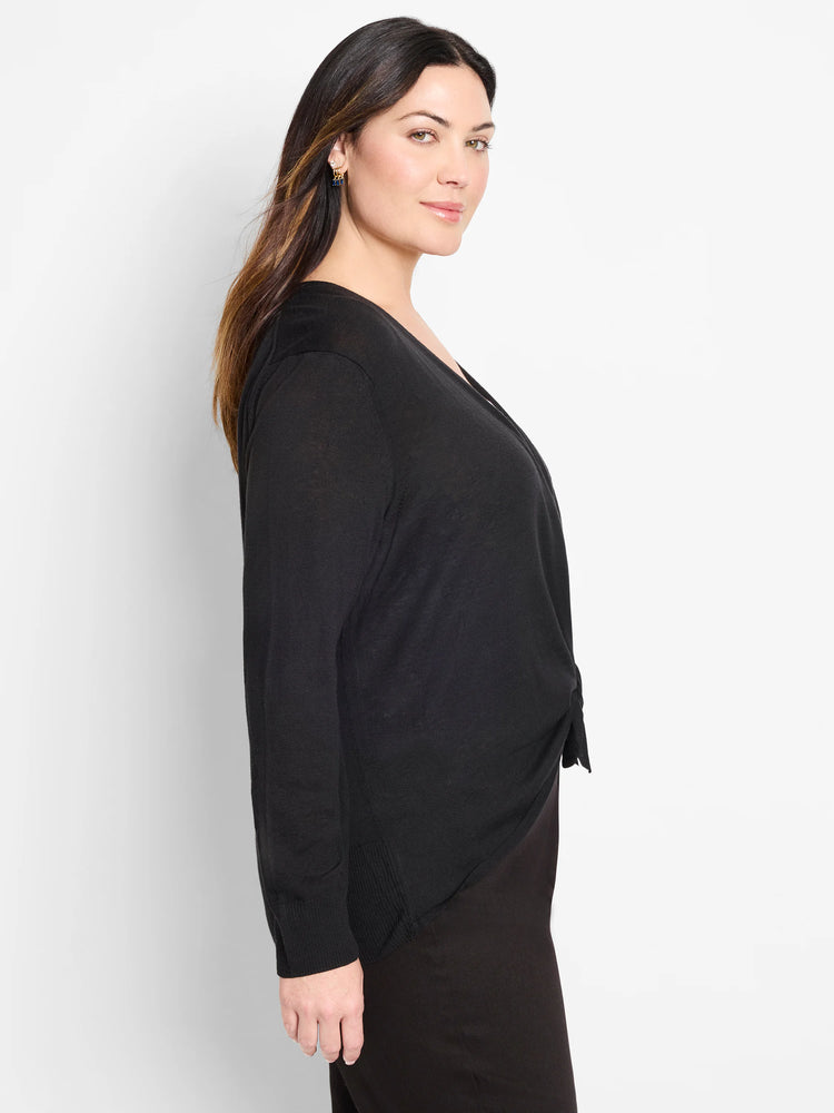 Black V-neck cardigan with long sleeves, tied at the waist for a gathered front, and ribbed cuffs.