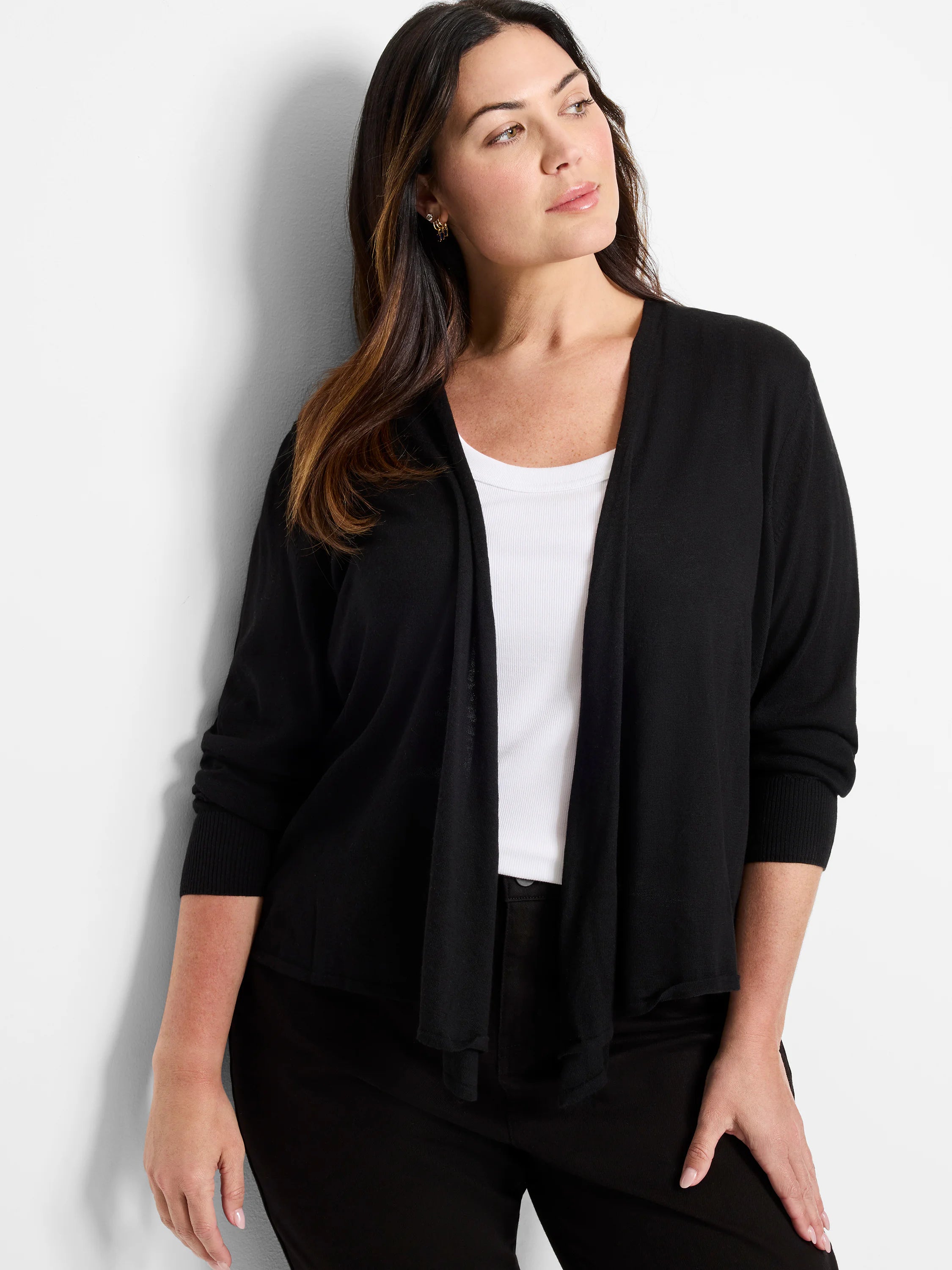 Black open-front cardigan with a soft, draped fit and ribbed cuffs.