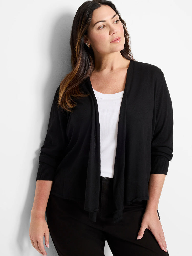 Black open-front cardigan with a soft, draped fit and ribbed cuffs.