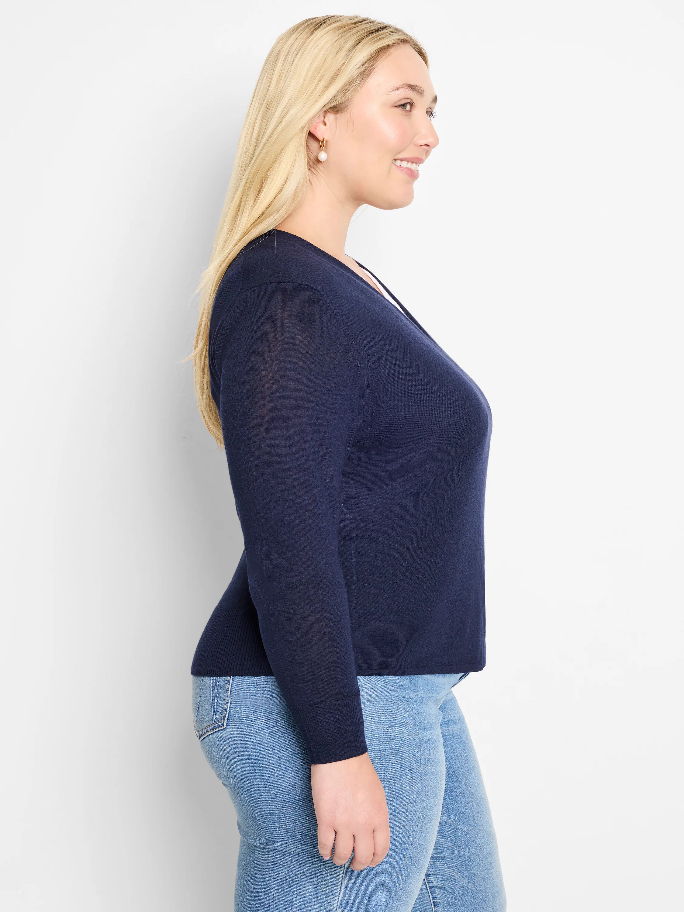 Navy blue lightweight V-neck cardigan with long sleeves, ribbed cuffs and hem.