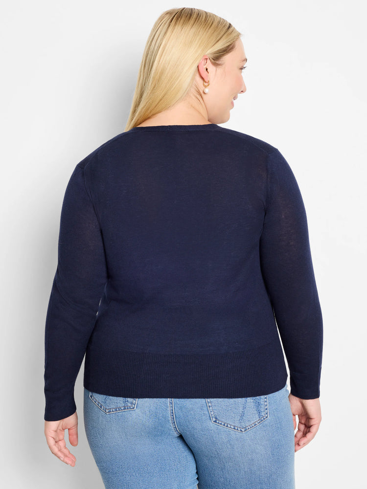 Navy blue fine-knit long-sleeve cardigan with ribbed cuffs and hem, shown from the back.
