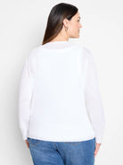 White lightweight long-sleeved open cardigan shown from back. Features a semi-sheer knit.