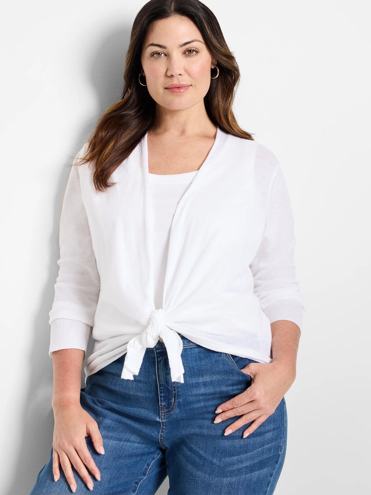 White cardigan with 3/4 length sleeves, ribbed cuffs, tied in a knot at the front.