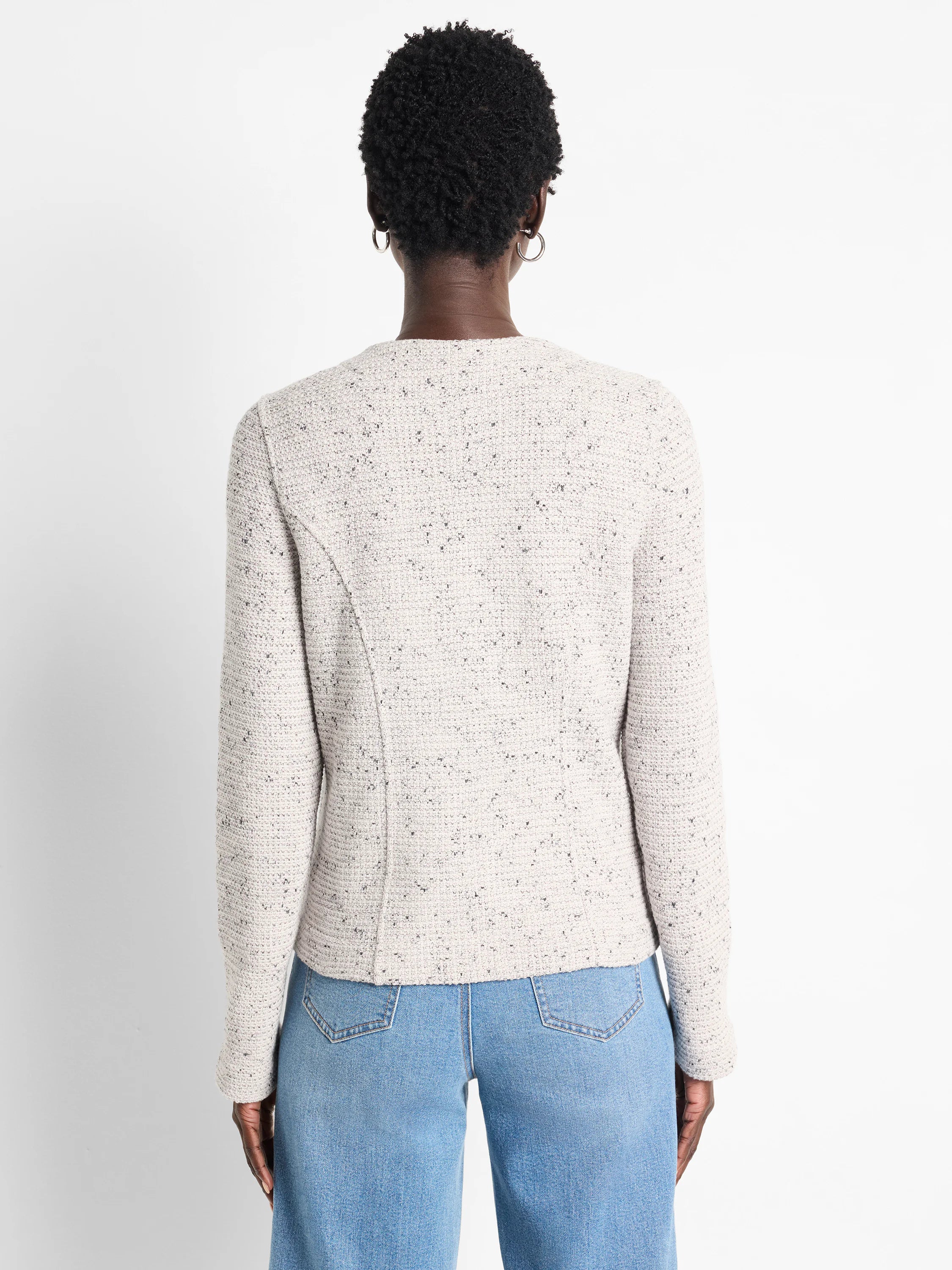 Light grey weave mix knit jacket with dark speckles, back view. Cropped cut, subtle shaped seams.