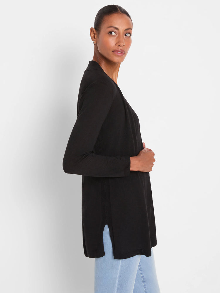 Black fine knit open-front cardigan, tunic length with long sleeves and side slits.