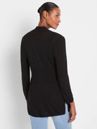 Black long-sleeved cardigan, tunic length, with ribbed waist detail and a stand collar.