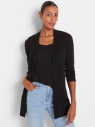 Black, open-front cardigan with long sleeves, falling to mid-thigh.