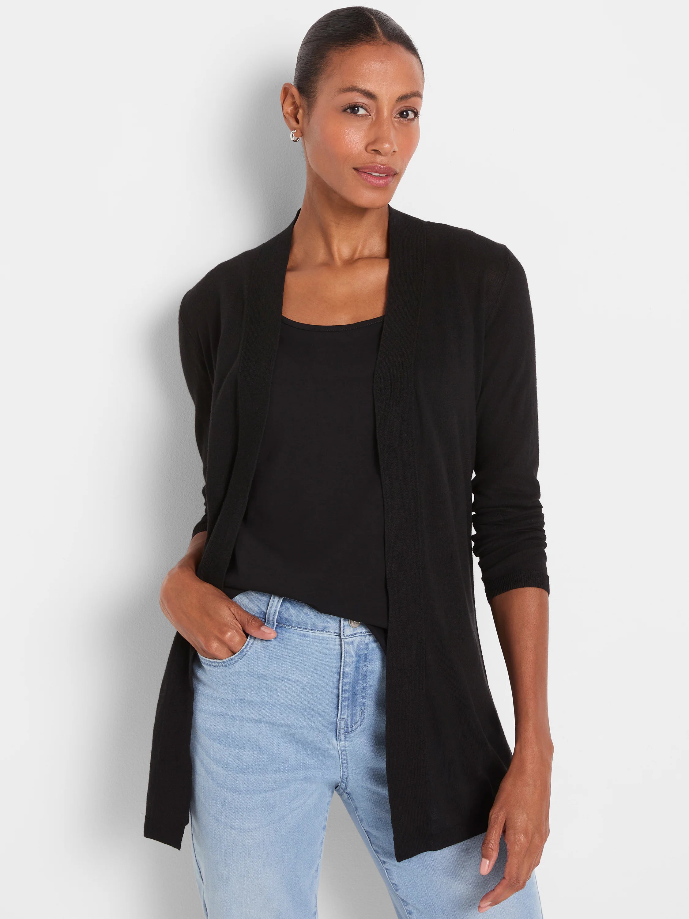 Black, open-front cardigan with long sleeves, falling to mid-thigh.