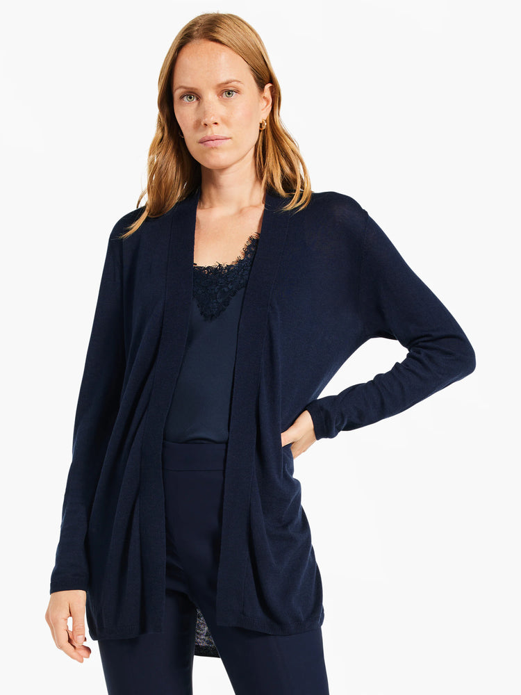 Navy blue open-front cardigan, long sleeves, hip-length.