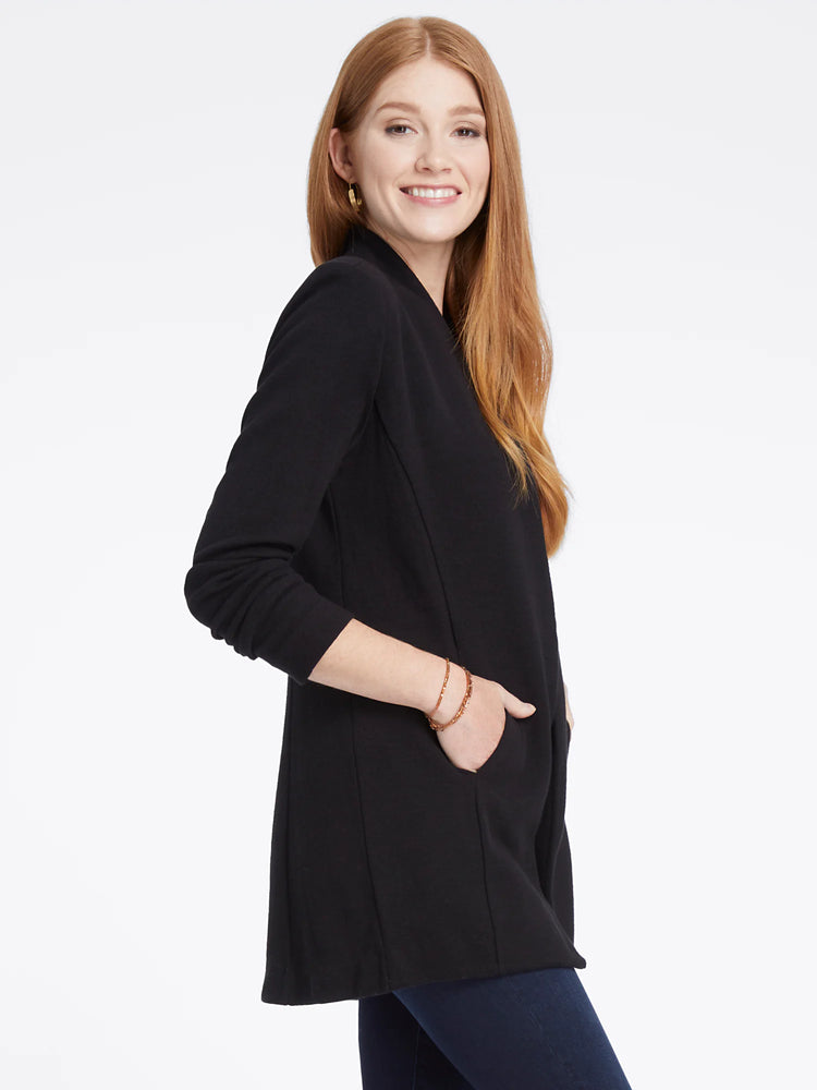 Black knit jacket, open front, long sleeves, hip-length,  side pockets.