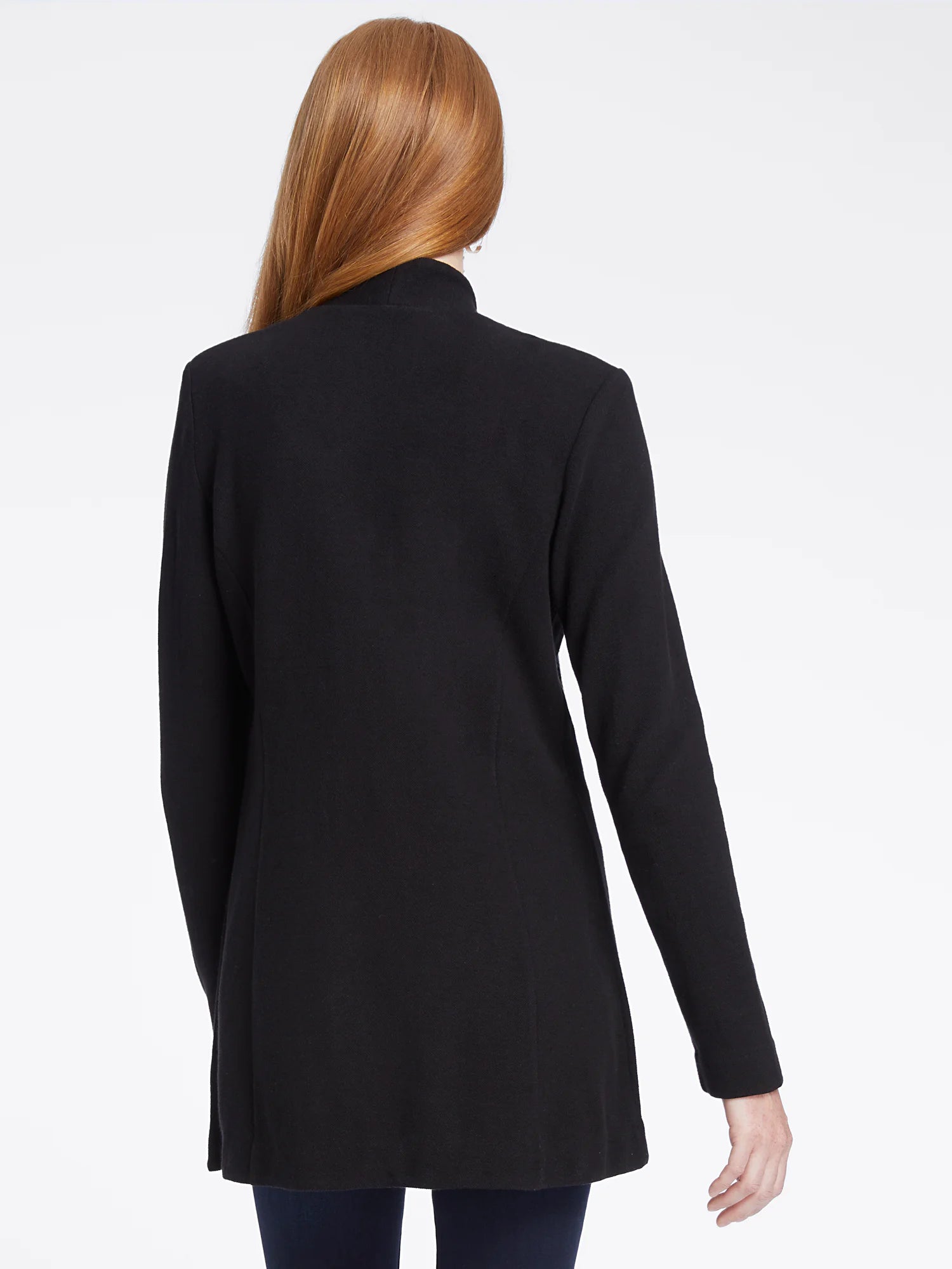 Black knit jacket, long sleeves, hip-length, mock neck.