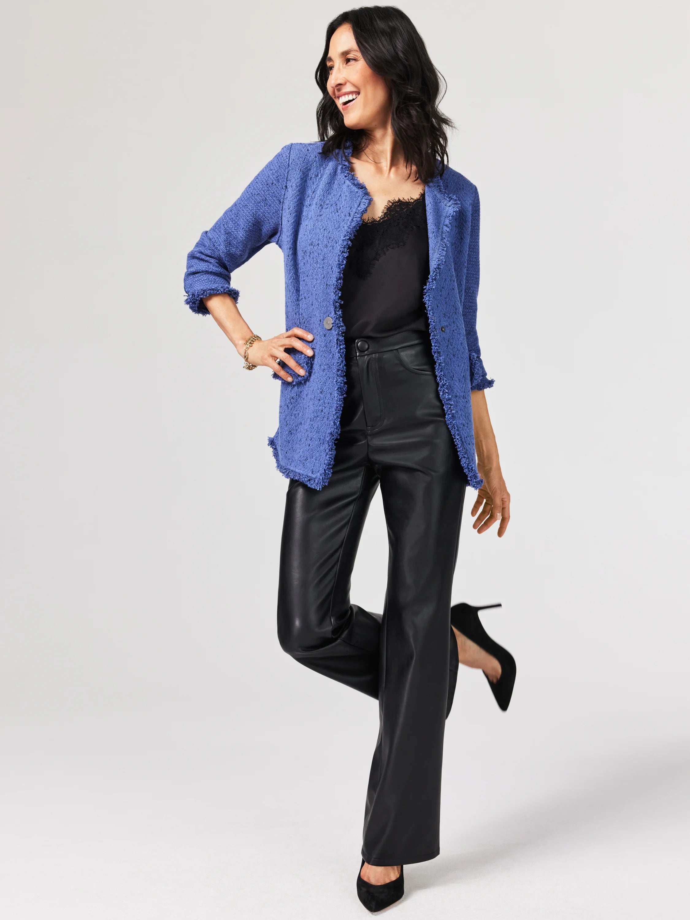 Blue lace cami; black lace trim.