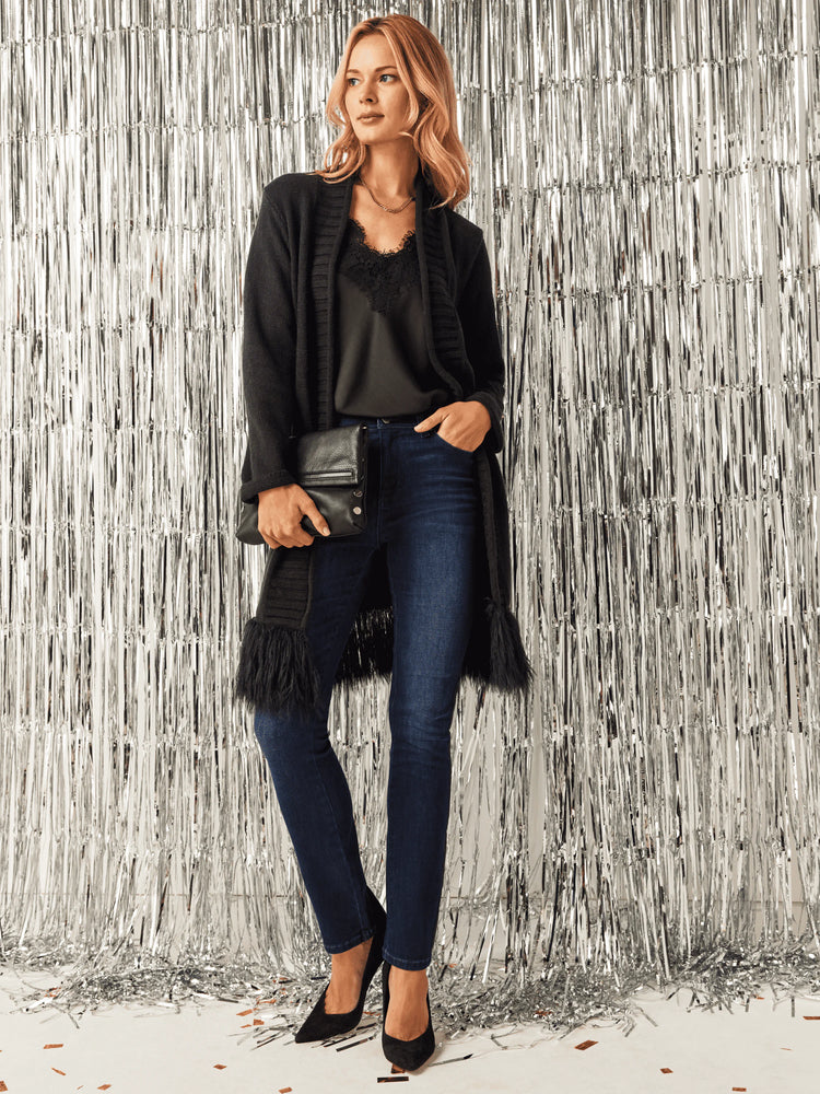 Black lace cami tank; delicate lace trim.