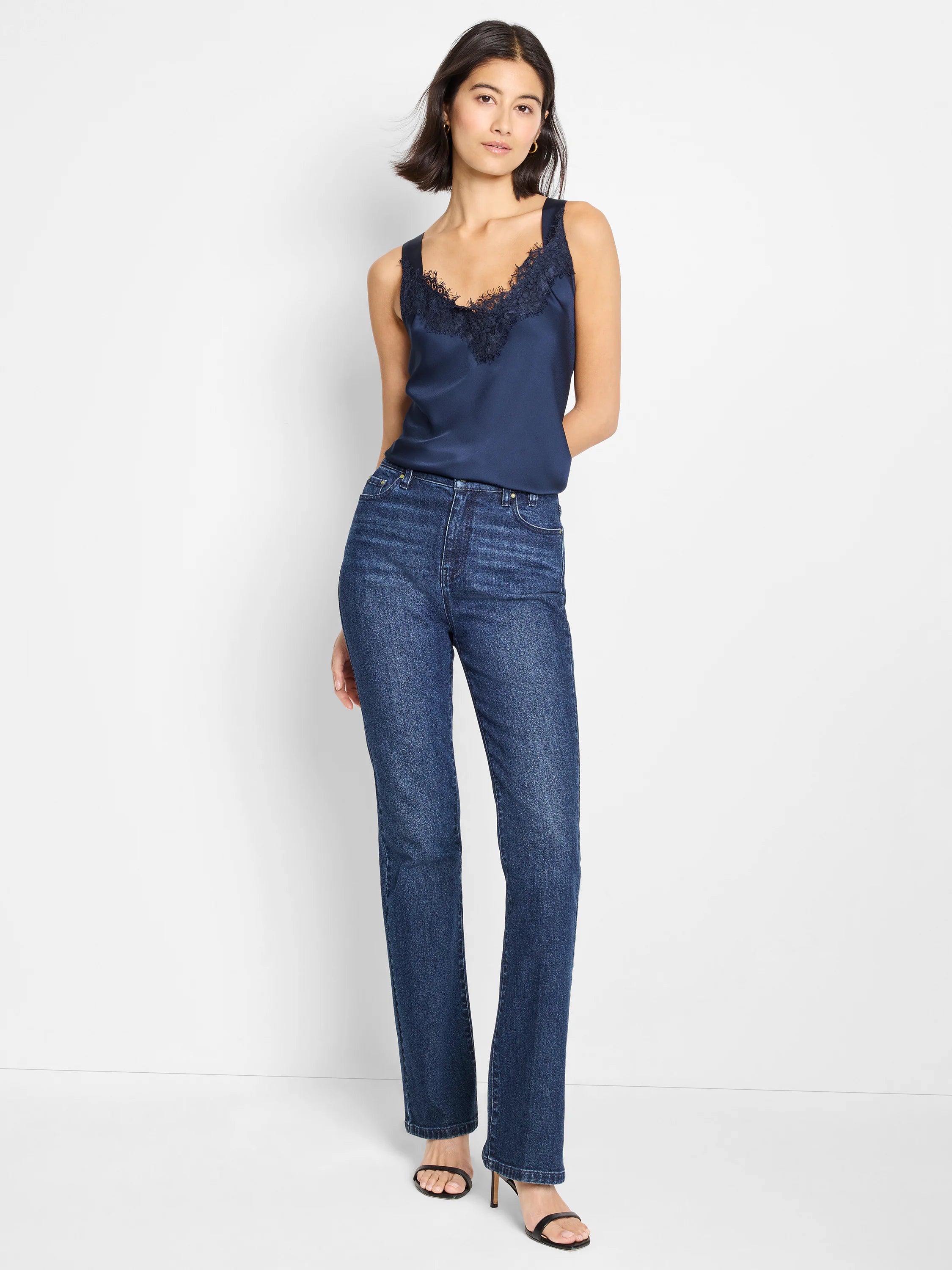 Navy blue satin cami tank with dark lace neckline.