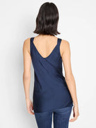 Navy blue lace cami tank; V-neck back; sleeveless.