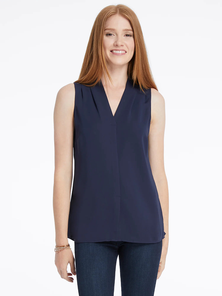 Navy blue sleeveless top, V-neck, straight hem.
