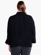Here's alt text for the image:

Black collared blouse, three-quarter sleeves, seen from the back.