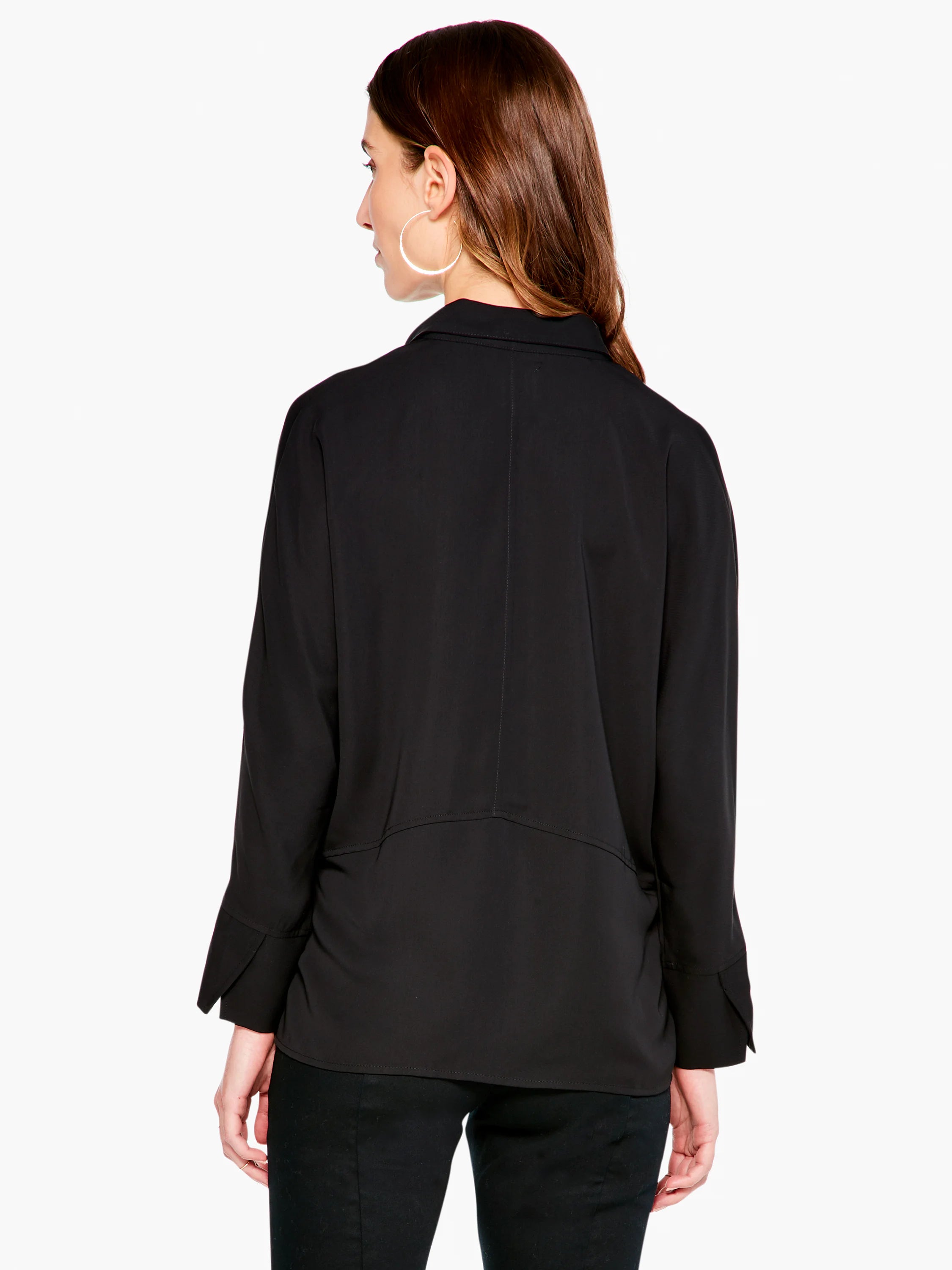 Black collared blouse, three-quarter sleeves, shown from the back.