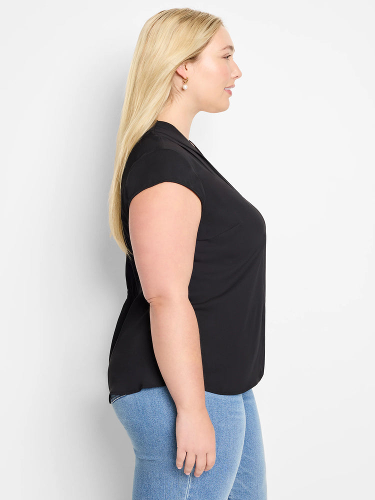 Black cap-sleeve top, V-neckline.  Side profile shows fitted silhouette.