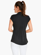 Black cap-sleeve top, rear view.  Elastic waistband detail.