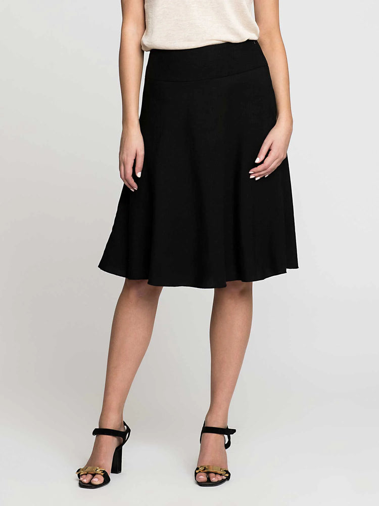 Black A-line skirt with a wide waistband, flared silhouette, and knee-length hem.