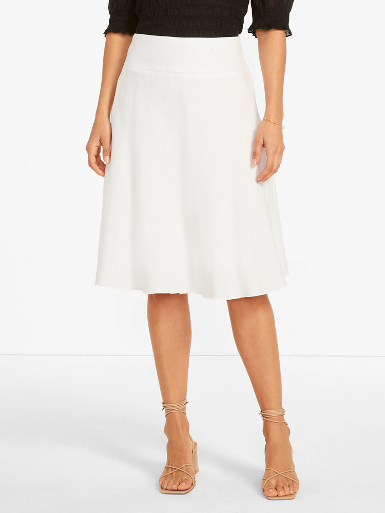 White A-line midi skirt with a wide, smooth waistband.