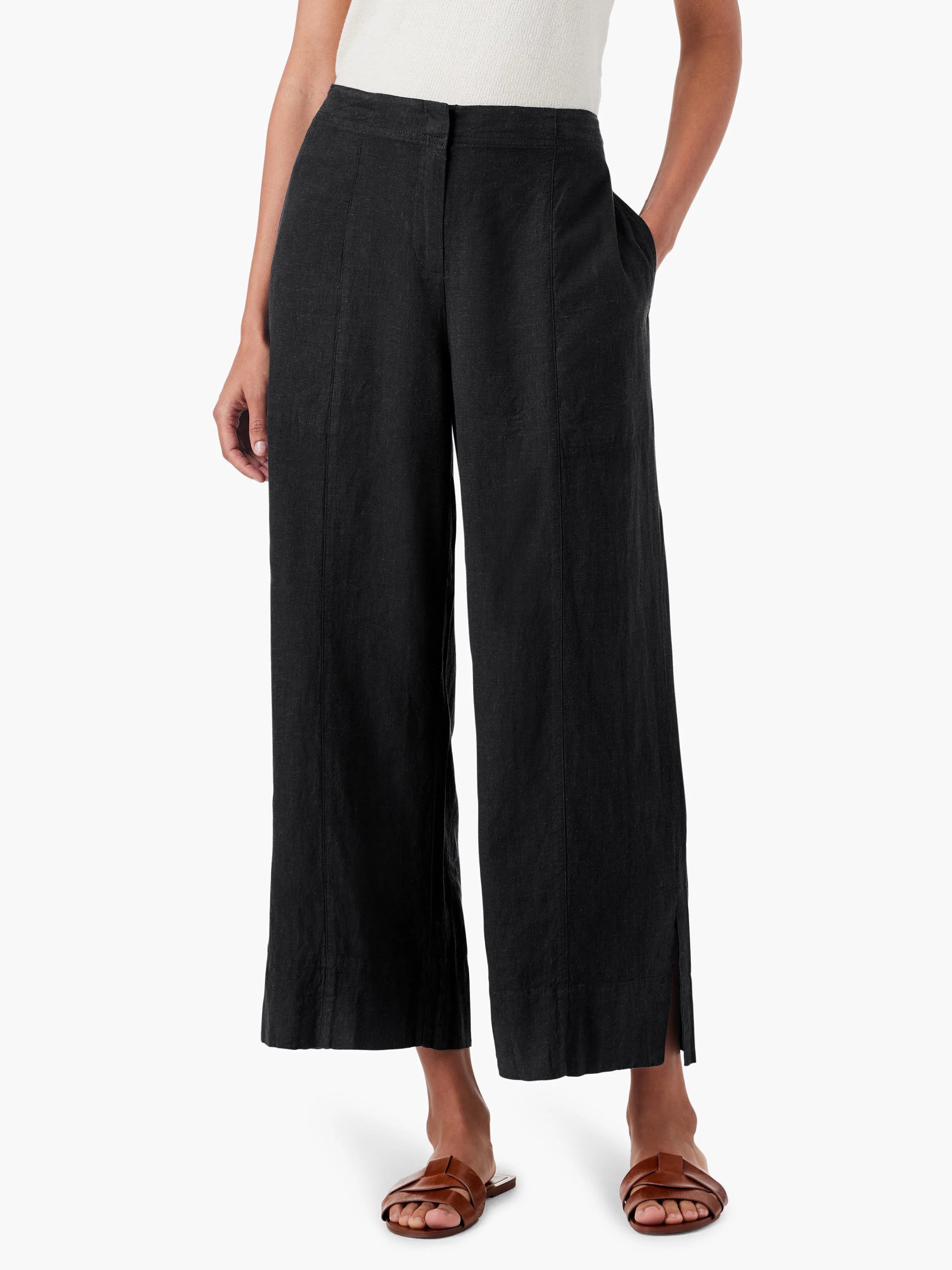 Black wide-leg crop pants with a flat front, side pockets, and small side slits at the hem.