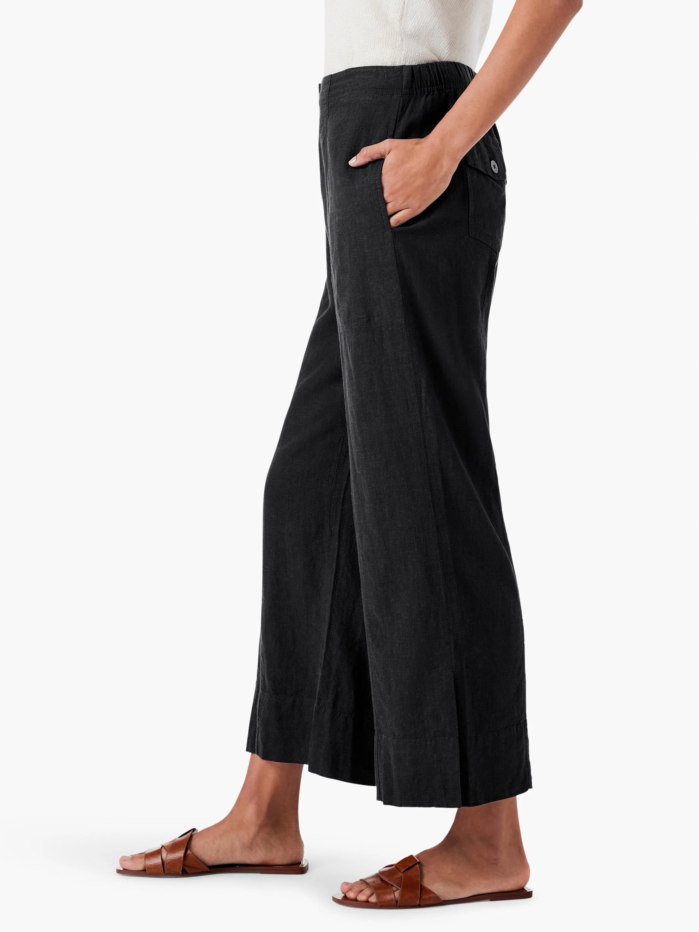 Dark gray wide-leg crop pants. Features an elastic waist, side pockets, and a back buttoned patch pocket. Cuffed hem.