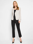 Black bi-stretch demi boot pants with a cropped length.